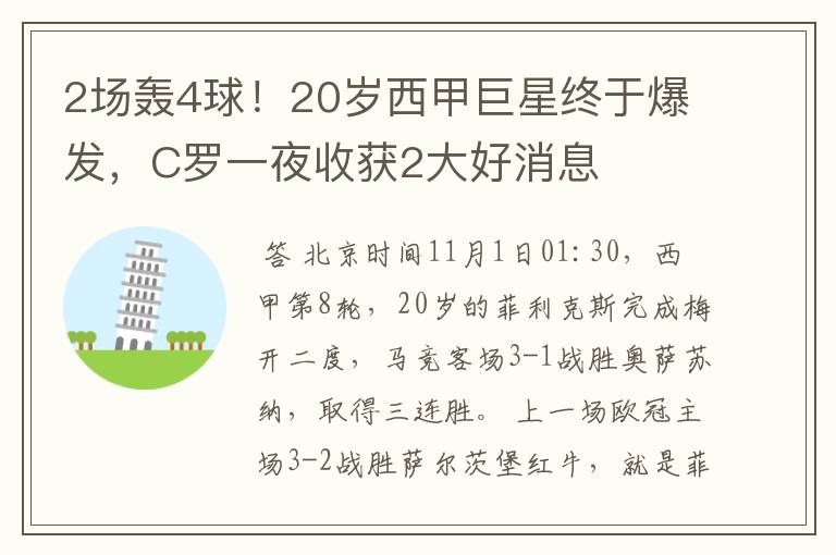 2场轰4球!20岁西甲巨星终于爆发,C罗一夜收获2大好消息