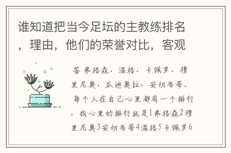 谁知道把当今足坛的主教练排名,理由,他们的荣誉对比,客观点