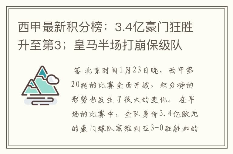 西甲最新积分榜:3.4亿豪门狂胜升至第3;皇马半场打崩保级队
