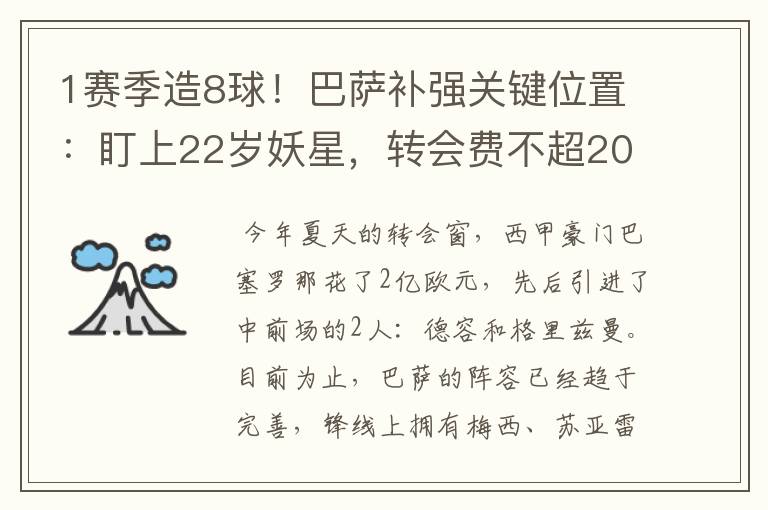 1赛季造8球!巴萨补强关键位置:盯上22岁妖星,转会费不超2000万