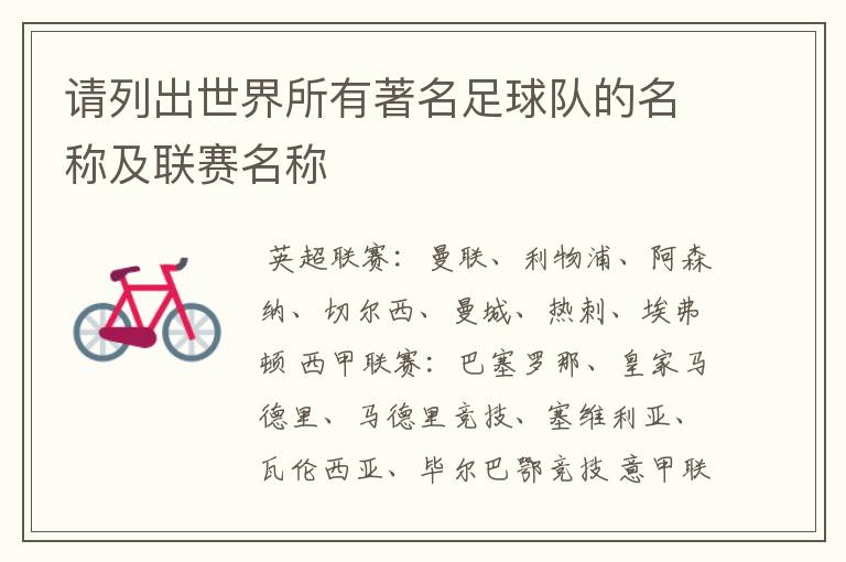 请列出世界所有著名足球队的名称及联赛名称