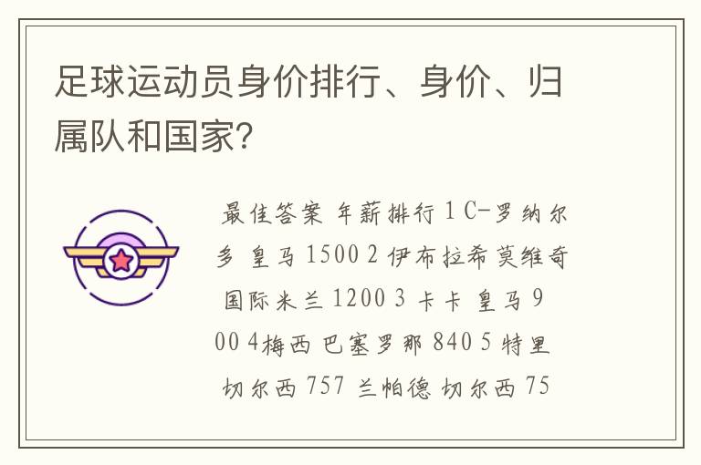 足球运动员身价排行、身价、归属队和国家?