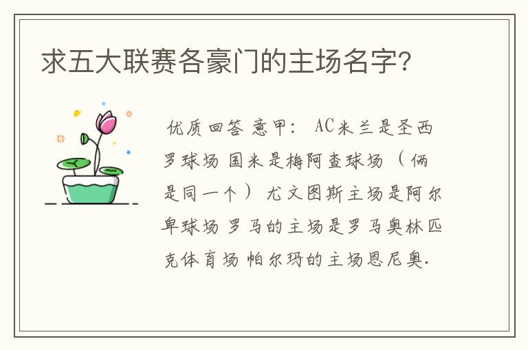 求五大联赛各豪门的主场名字?