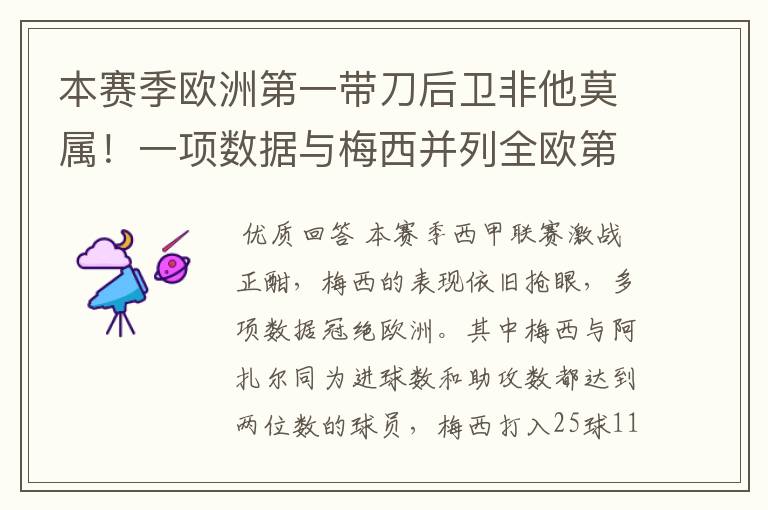 本赛季欧洲第一带刀后卫非他莫属!一项数据与梅西并列全欧第一!