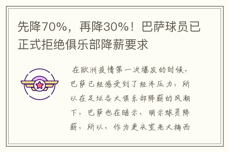 先降70%,再降30%!巴萨球员已正式拒绝俱乐部降薪要求