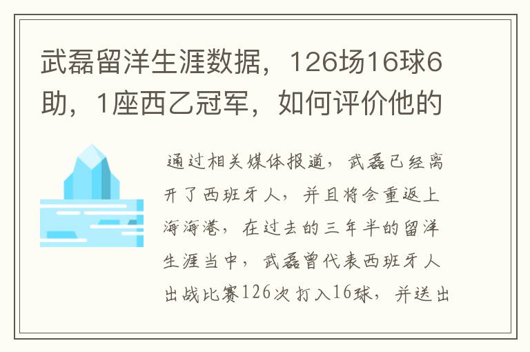 武磊留洋生涯数据，126场16球6助，1座西乙冠军，如何评价他的表现？