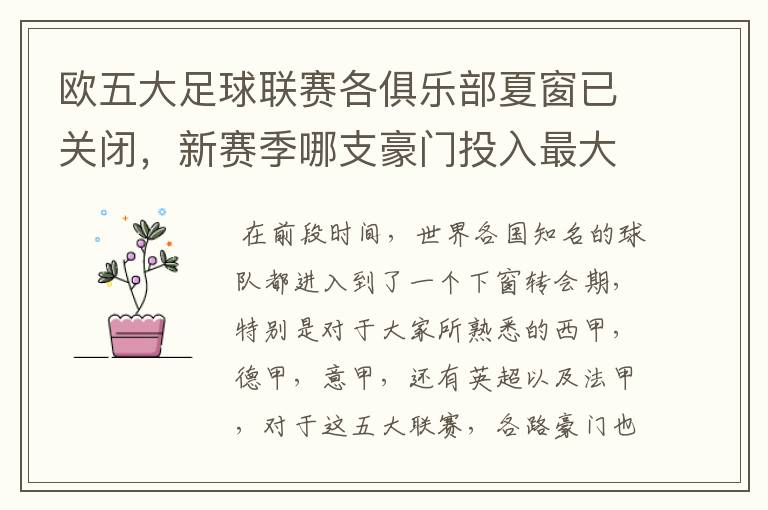 欧五大足球联赛各俱乐部夏窗已关闭,新赛季哪支豪门投入最大?