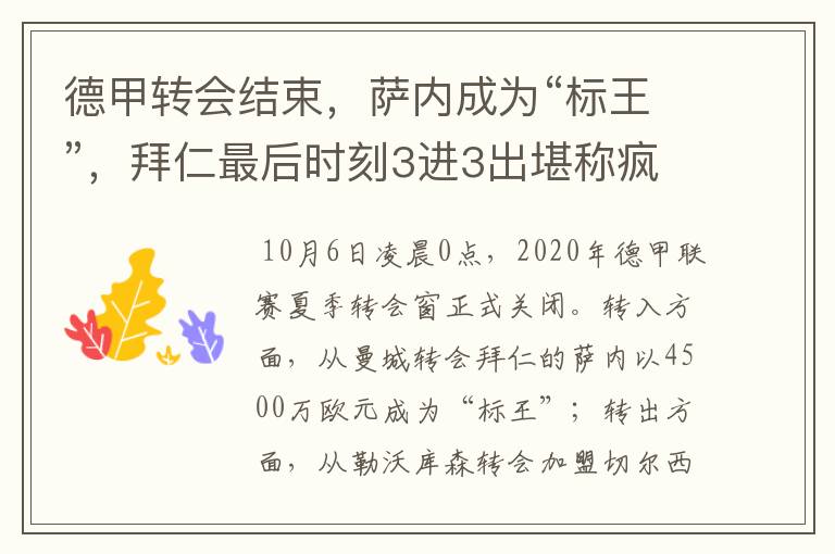德甲转会结束,萨内成为“标王”,拜仁最后时刻3进3出堪称疯狂