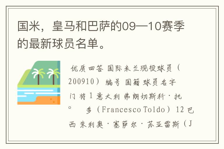 国米,皇马和巴萨的09—10赛季的最新球员名单。