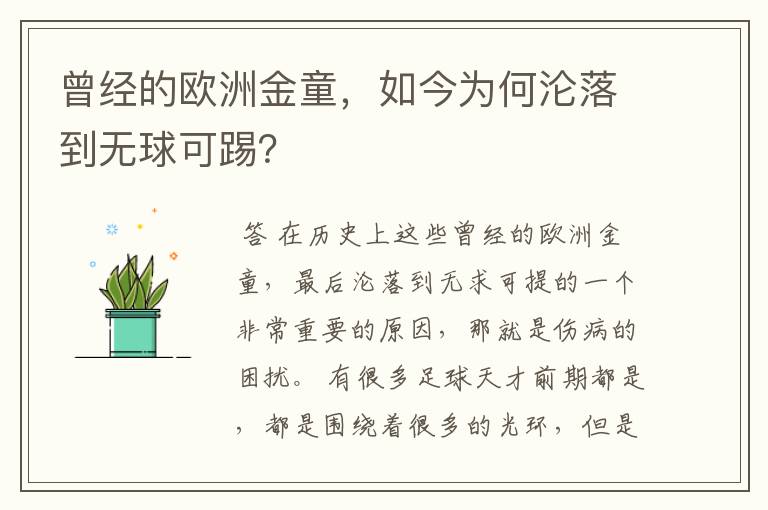 曾经的欧洲金童,如今为何沦落到无球可踢?