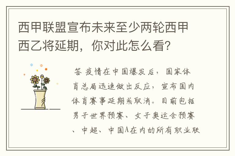 西甲联盟宣布未来至少两轮西甲西乙将延期,你对此怎么看?