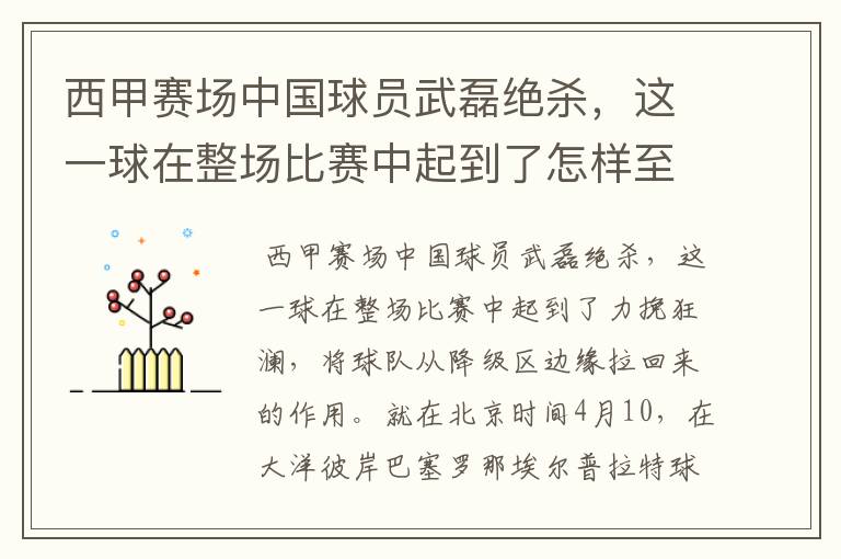 西甲赛场中国球员武磊绝杀,这一球在整场比赛中起到了怎样至关作用?