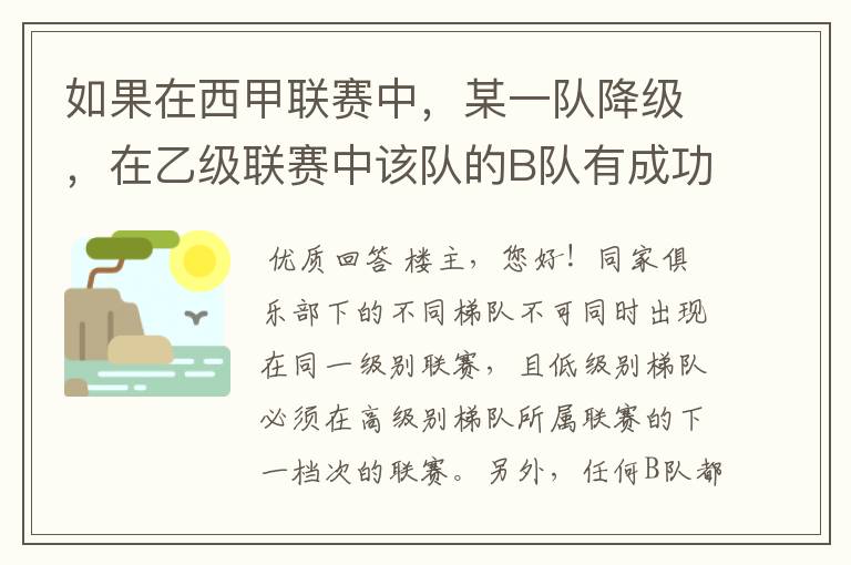 如果在西甲联赛中,某一队降级,在乙级联赛中该队的B队有成功升级,那么第二年的联赛将会怎么样呢?