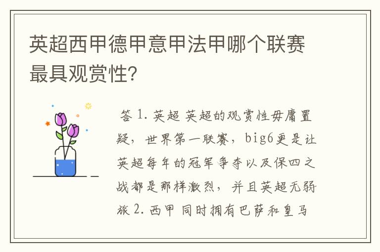 英超西甲德甲意甲法甲哪个联赛最具观赏性?