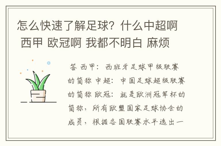 怎么快速了解足球?什么中超啊 西甲 欧冠啊 我都不明白 麻烦 有哪位特别了解足球的 跟我讲讲,多谢