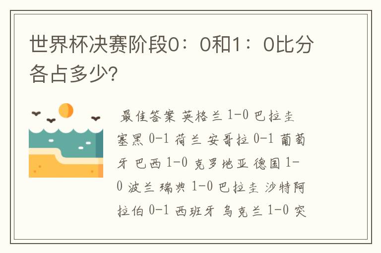 世界杯决赛阶段0:0和1:0比分各占多少?