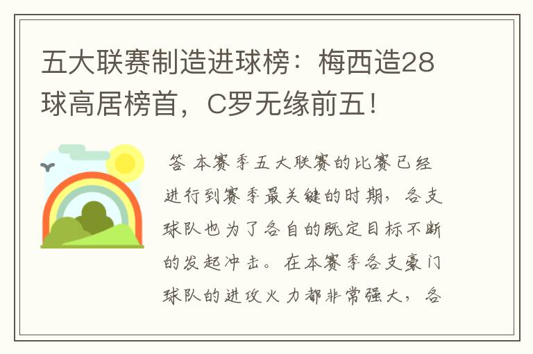 五大联赛制造进球榜:梅西造28球高居榜首,C罗无缘前五!