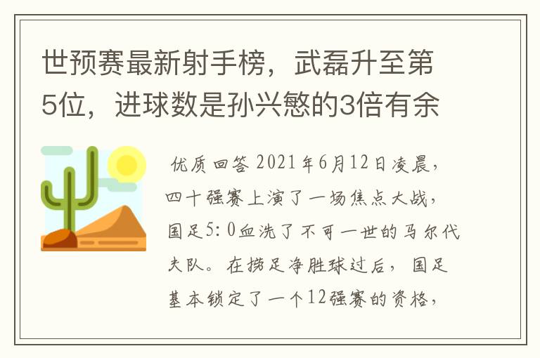 世预赛最新射手榜,武磊升至第5位,进球数是孙兴慜的3倍有余