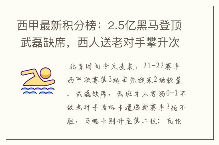西甲最新积分榜:2.5亿黑马登顶 武磊缺席,西人送老对手攀升次席