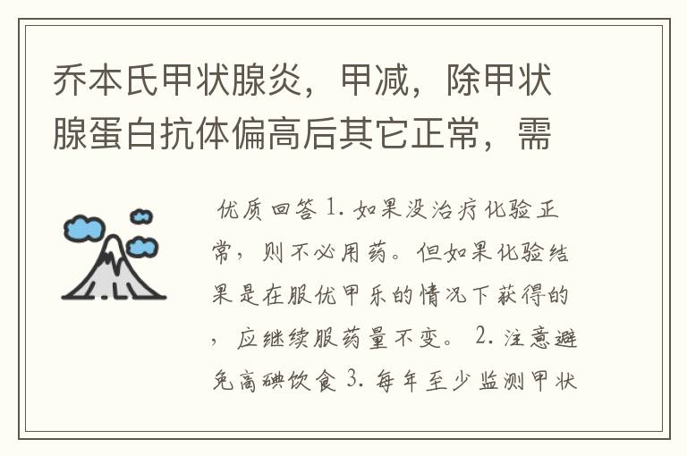 乔本氏甲状腺炎,甲减,除甲状腺蛋白抗体偏高后其它正常,需要服药吗乔本氏甲状腺炎,甲减