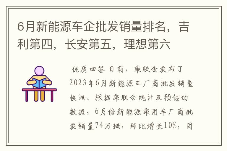 6月新能源车企批发销量排名,吉利第四,长安第五,理想第六