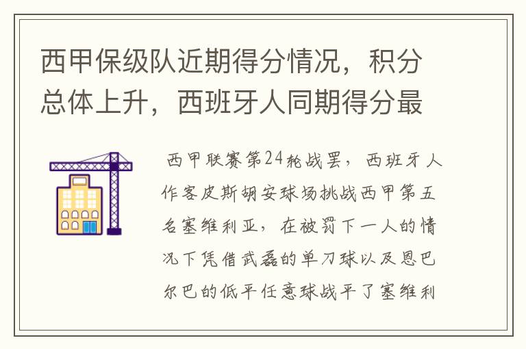 西甲保级队近期得分情况,积分总体上升,西班牙人同期得分最高