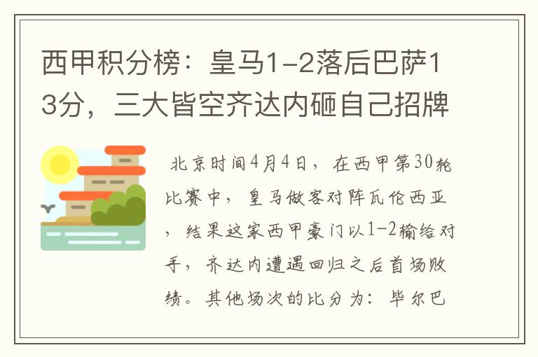 西甲积分榜:皇马1-2落后巴萨13分,三大皆空齐达内砸自己招牌?