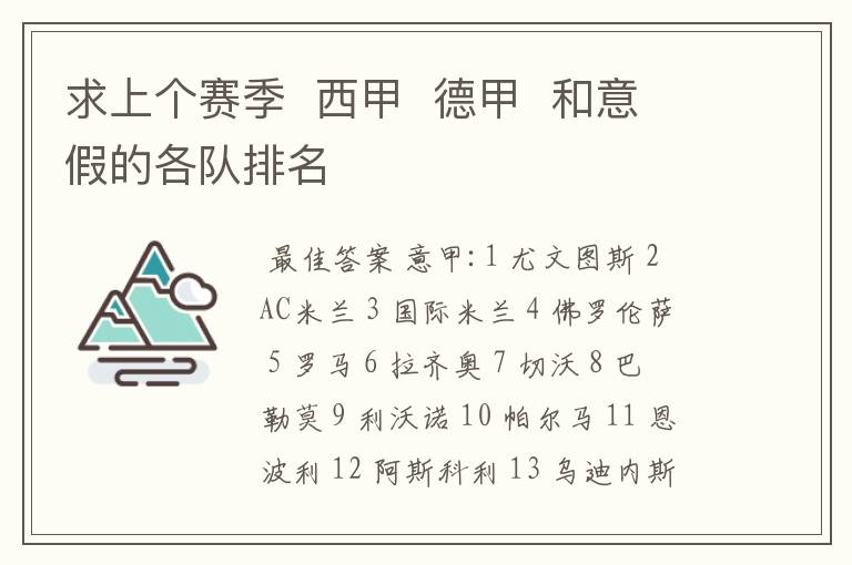 求上个赛季 西甲 德甲 和意假的各队排名