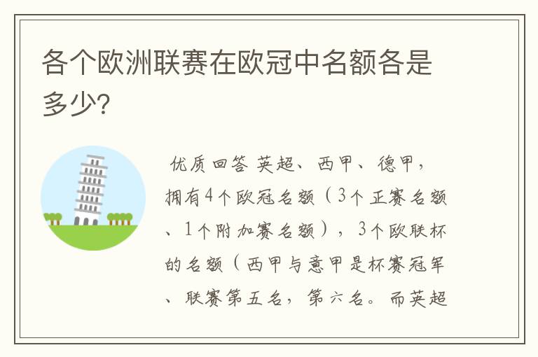 各个欧洲联赛在欧冠中名额各是多少?