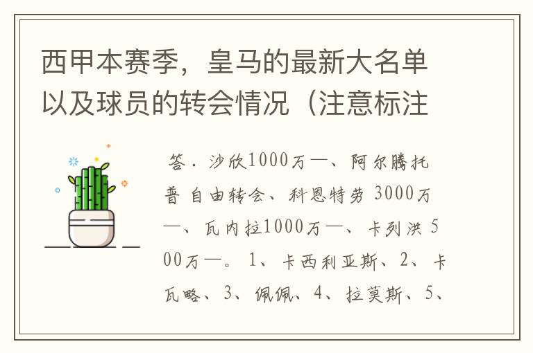 西甲本赛季,皇马的最新大名单以及球员的转会情况(注意标注球员身价)