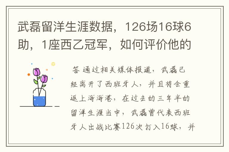 武磊留洋生涯数据,126场16球6助,1座西乙冠军,如何评价他的表现?