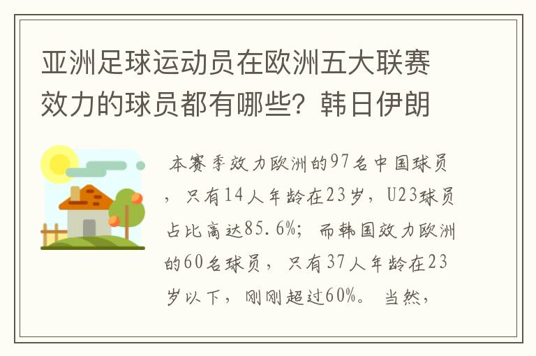 亚洲足球运动员在欧洲五大联赛效力的球员都有哪些?韩日伊朗 都是比较多吧!