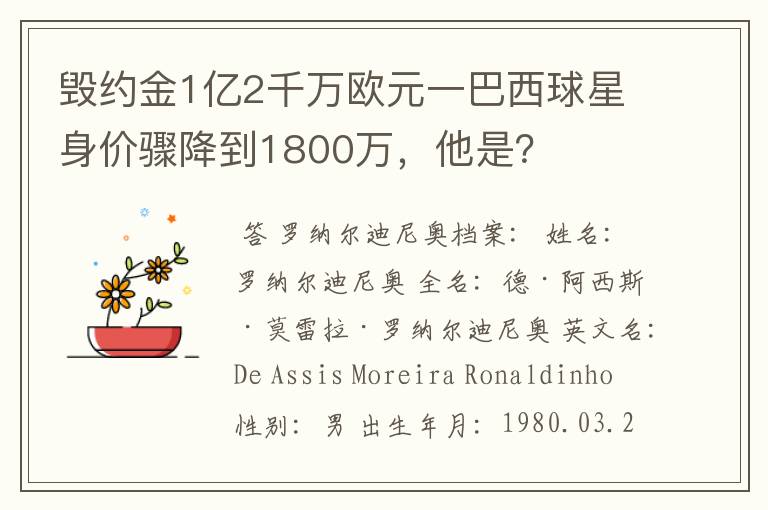 毁约金1亿2千万欧元一巴西球星身价骤降到1800万,他是?