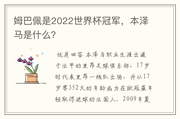 姆巴佩是2022世界杯冠军,本泽马是什么?