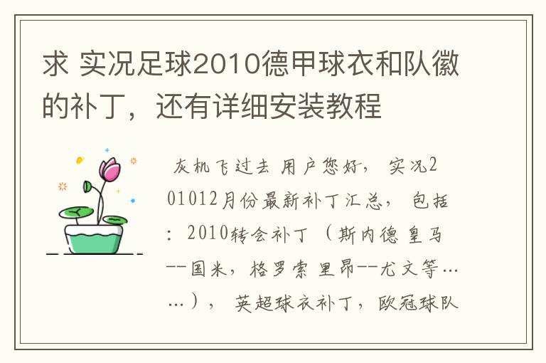 求 实况足球2010德甲球衣和队徽的补丁,还有详细安装教程