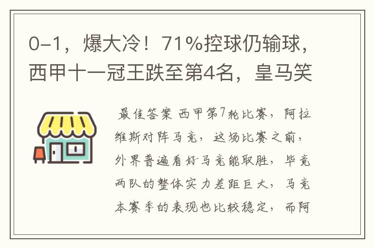 0-1,爆大冷!71%控球仍输球,西甲十一冠王跌至第4名,皇马笑了