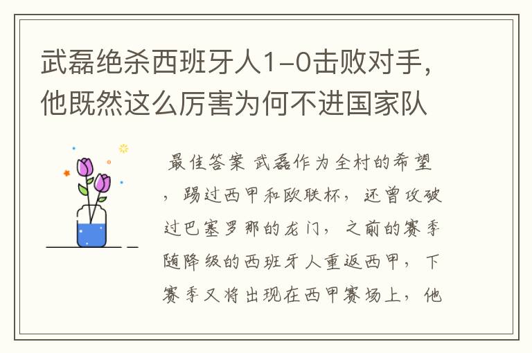 武磊绝杀西班牙人1-0击败对手,他既然这么厉害为何不进国家队?