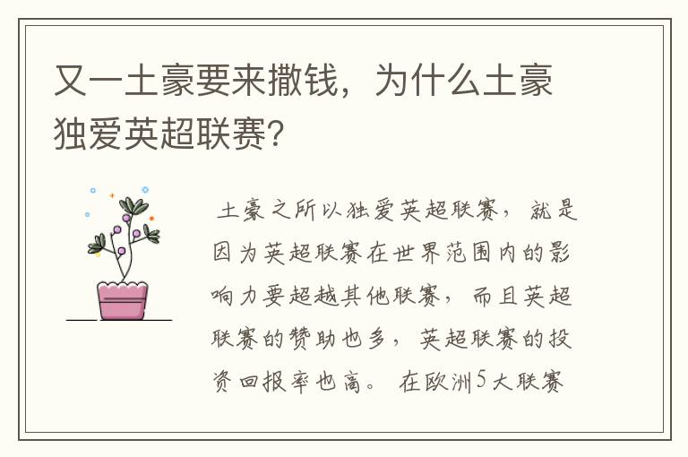 又一土豪要来撒钱,为什么土豪独爱英超联赛?
