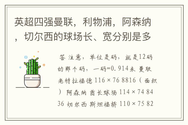英超四强曼联,利物浦,阿森纳,切尔西的球场长、宽分别是多少(0809赛季)?