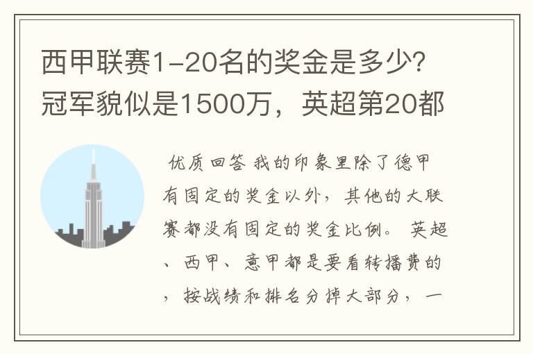 西甲联赛1-20名的奖金是多少？冠军貌似是1500万，英超第20都是4000万呀！