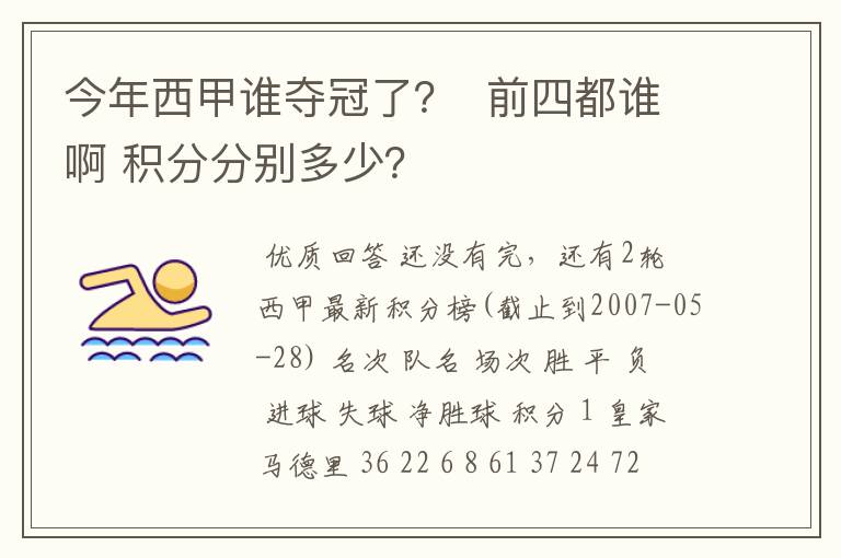 今年西甲谁夺冠了? 前四都谁啊 积分分别多少?