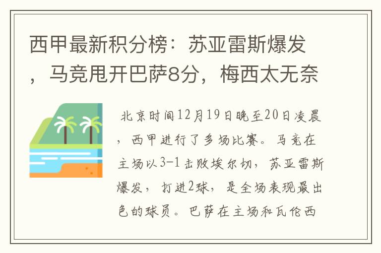 西甲最新积分榜:苏亚雷斯爆发,马竞甩开巴萨8分,梅西太无奈