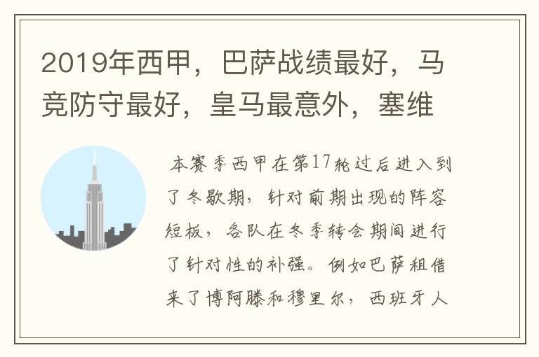 2019年西甲,巴萨战绩最好,马竞防守最好,皇马最意外,塞维最惨