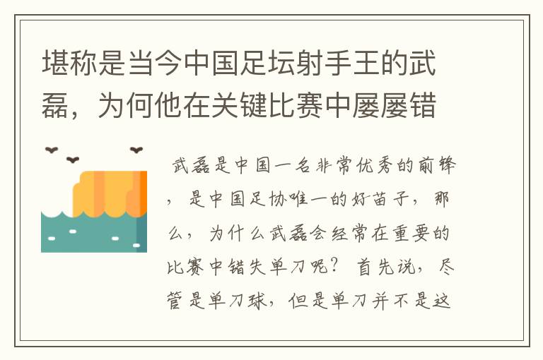 堪称是当今中国足坛射手王的武磊,为何他在关键比赛中屡屡错失单刀?