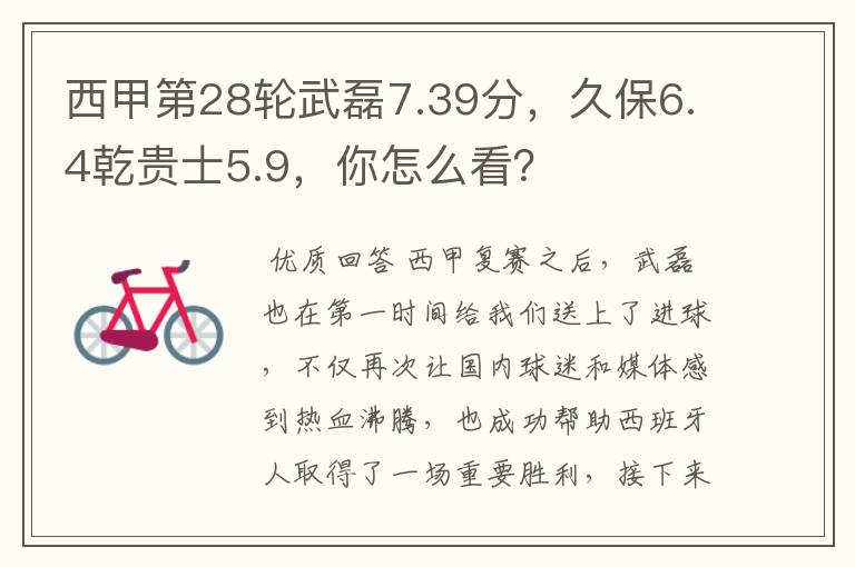 西甲第28轮武磊7.39分,久保6.4乾贵士5.9,你怎么看?