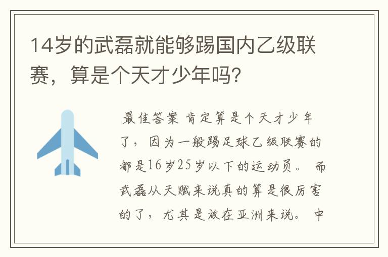 14岁的武磊就能够踢国内乙级联赛，算是个天才少年吗？