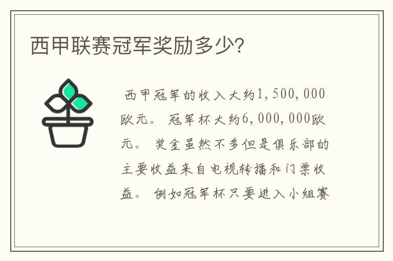 西甲联赛冠军奖励多少?