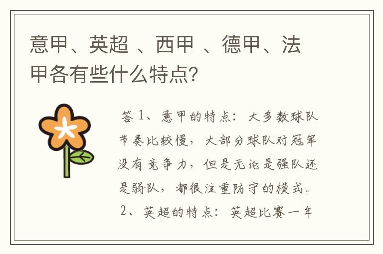 意甲、英超 、西甲 、德甲、法甲各有些什么特点?