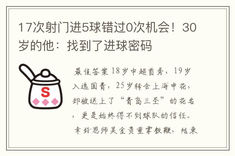 17次射门进5球错过0次机会!30岁的他:找到了进球密码