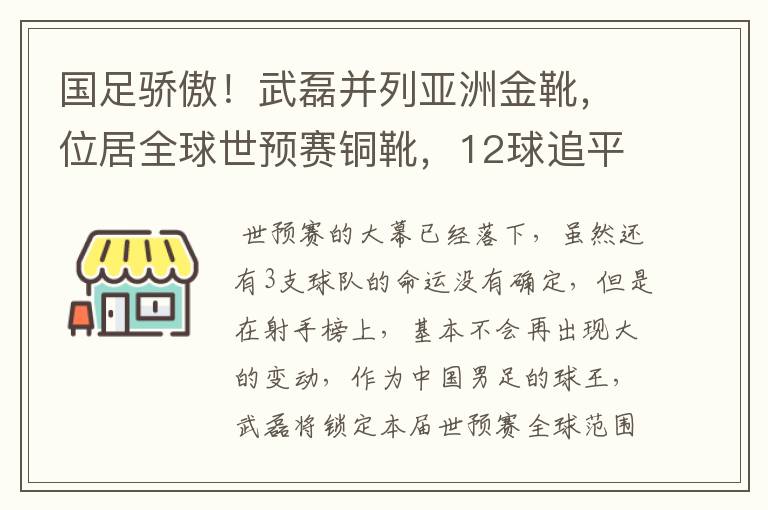 国足骄傲!武磊并列亚洲金靴,位居全球世预赛铜靴,12球追平凯恩